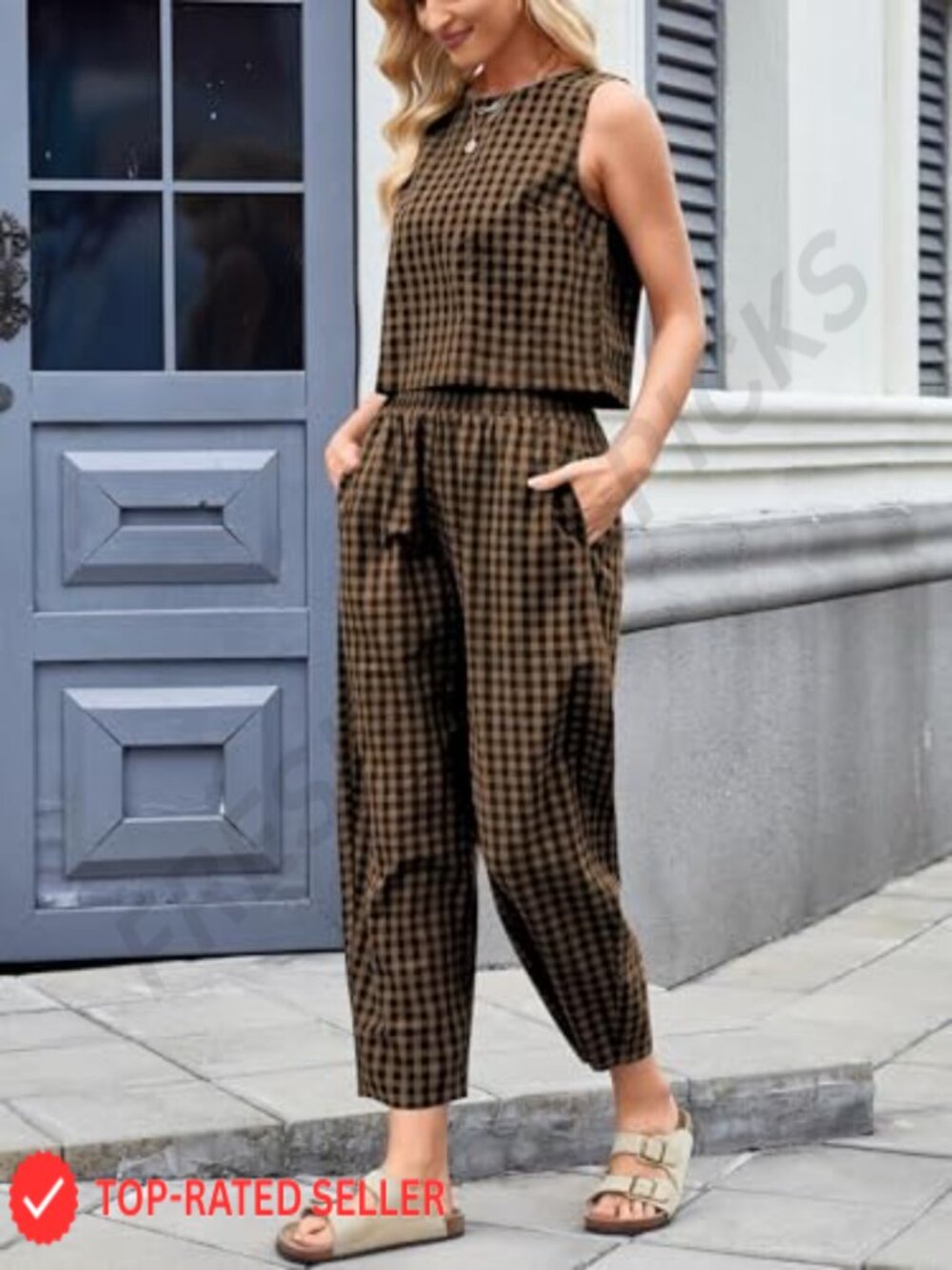 Cotton Linen Matching Set Tank Top Palazzo Pants Casual Lounge Outfit - Picture 5 of 7